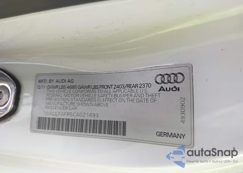 2012 Audi A5 2.0T Premium z USA, uszkodzony, nr VIN WAULFAFR5CA021493